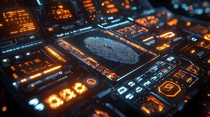 Sleek and futuristic digital security interface with biometric scanning technology layered in holographic visuals showcasing a high tech cybersecurity system with data protection and access control