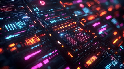 Futuristic data grid with holographic panels displaying secure protocols vibrant electric colors and a sleek black background  Representing advanced technology digital information