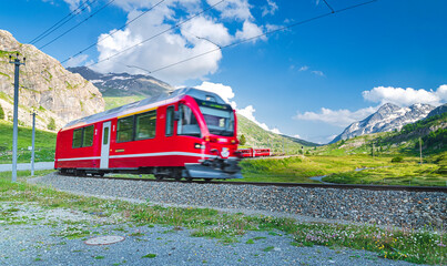 Famous Bernina Railway at Bernina Diavolezza station, Grisons, Switzerland