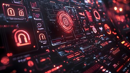 Futuristic cyber security interface dashboard with digital locks firewall symbols and 3D data visualizations Cutting edge technology for network protection access control