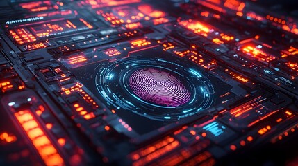 Futuristic digital security interface featuring biometric scanning technology layered in sleek holographic displays and advanced cybersecurity visuals