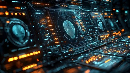 Detailed digital security interface featuring a futuristic biometric scanning system layered with holographic elements and sleek high tech visual components