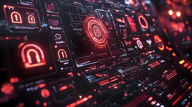 Futuristic cyber security interface dashboard with digital locks firewall symbols and 3D data visualizations  Cutting edge technology for network protection access control