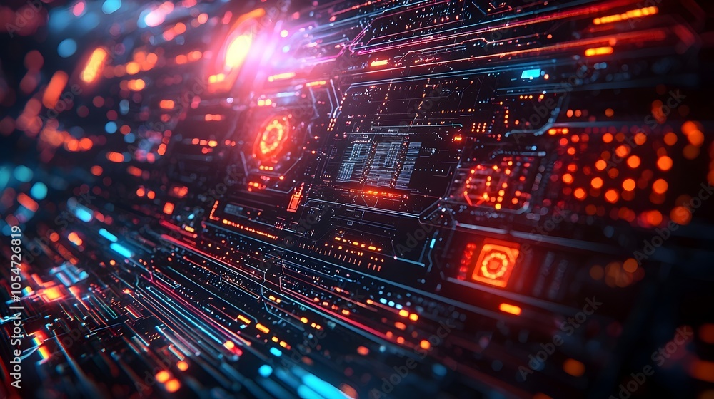 Fototapete Cutting edge cybersecurity dashboard featuring a complex network of digital icons security overlays and a captivating deep space background