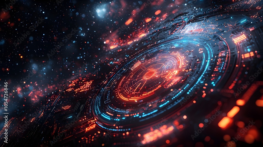Poster Mesmerizing cyber display showcasing a complex network of digital icons and security overlays set against a mysterious deep space backdrop conveying a futuristic and technologically advanced theme