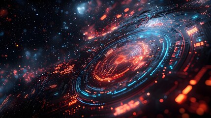 Mesmerizing cyber display showcasing a complex network of digital icons and security overlays set against a mysterious deep space backdrop conveying a futuristic and technologically advanced theme