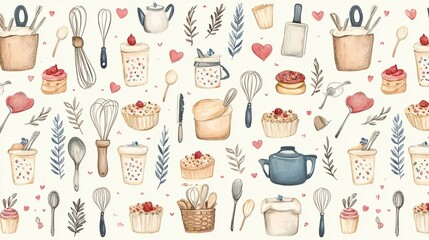 Lamas personalizadas para cocina con tu foto Seamless pattern with watercolor illustrations of baking tools, pastries, and hearts.