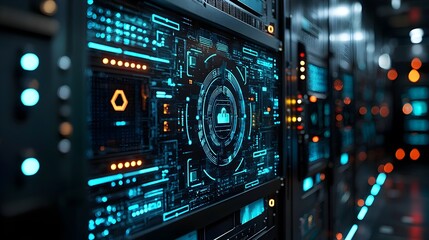 Fototapeta premium Futuristic digital interface displaying intricate layers of cybersecurity protocols data protection systems and firewall defenses