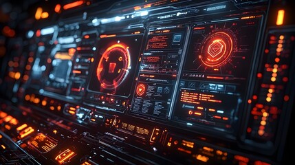 Advanced Digital Security Interface Showcasing Multilayered Data Protection and Firewall Defenses  High tech display with layers of advanced security protocols threat monitoring