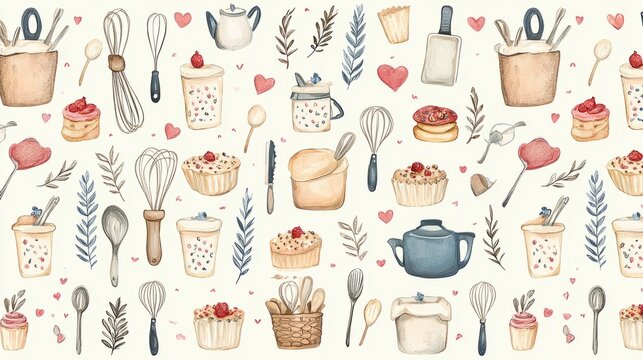 Seamless pattern with watercolor illustrations of baking tools, pastries, and hearts.