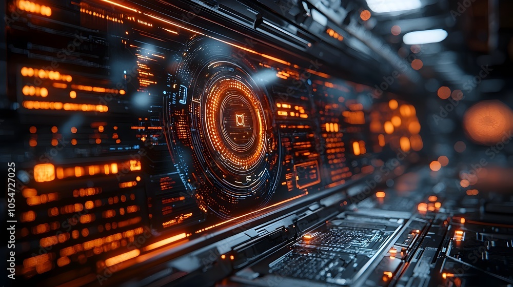 Fototapete Advanced holographic interface showcasing data encryption levels and cyber defense mechanisms in a sleek futuristic technological setting  The display presents complex information in an interactive