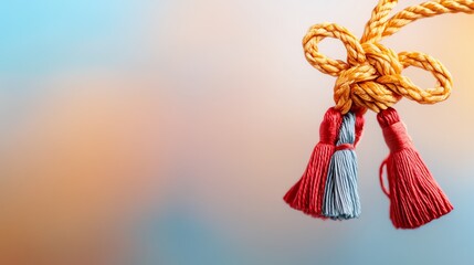 Fototapeta premium Closeup of Chinese New Year decoration tassel, red and gold with intricate knot design, blurred neutral background for easy use