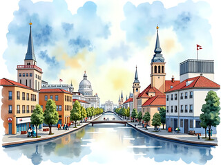 A tranquil riverside landscape showcasing a charming city with historic architecture, illustration of urban landscape concept.