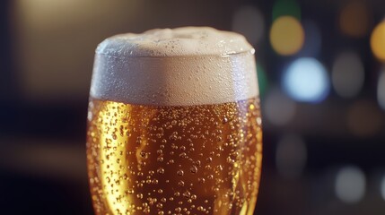 Ultra-realistic close-up of a chilled beer glass, filled with yellow beer and a thick,