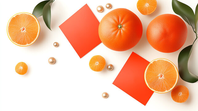 Oranges with Chinese calligraphy symbols on red envelopes, arranged artistically, clean white background for easy adaptation