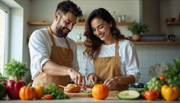 Happy Young Couple Chopping Fresh Vegetables Together in Modern Kitchen Setting