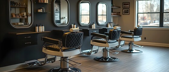 Elegant hair salon setup featuring a modern black and white color scheme mirrors stylish barber chairs and sleek decor elements in a bright well lit space