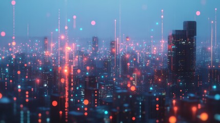 Urban landscape at dusk with neon lines and dots showcasing Generative AI's influence