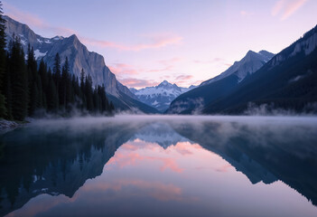 Tranquil Mountain Lake Sunrise with Golden Sky Reflections and Misty Mountain Peaks