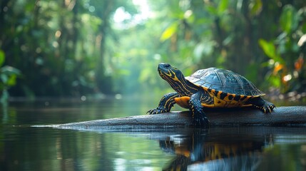 A turtle basking on a rock in a serene, tropical waterway.