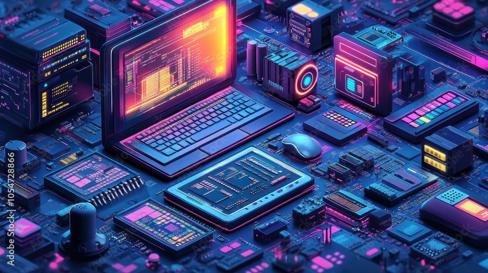 Poster futuristic digital workspace with devices and circuit elements.