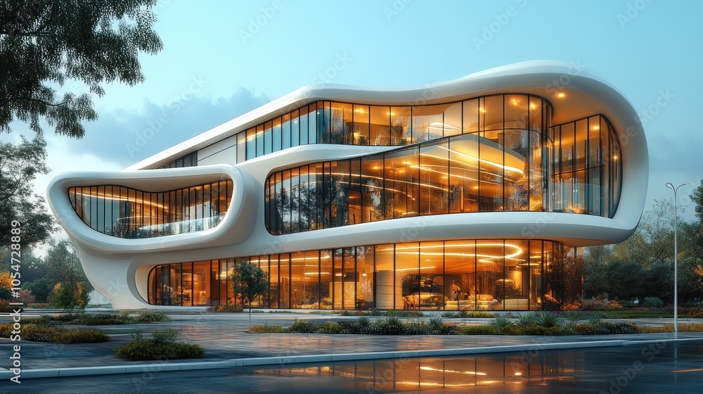 Poster modern architectural building with unique design and warm lighting.