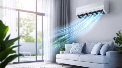 Modern living room featuring an air conditioner with cool air flow, stylish couch, and natural light streaming through large windows.