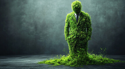 businessman's suit crafted from lush grass and moss symbolizes the fusion of nature and industry, sustainability, and eco-friendly business practices, blending modernity with green values