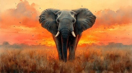 Obraz premium Watercolor painting of an elephant in the savanna, with warm sunset tones blending into the horizon.