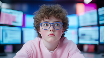 Fototapeta premium Curly-haired person in glasses sits in front of multiple computer screens, conveying focus and concentration in a tech environment.