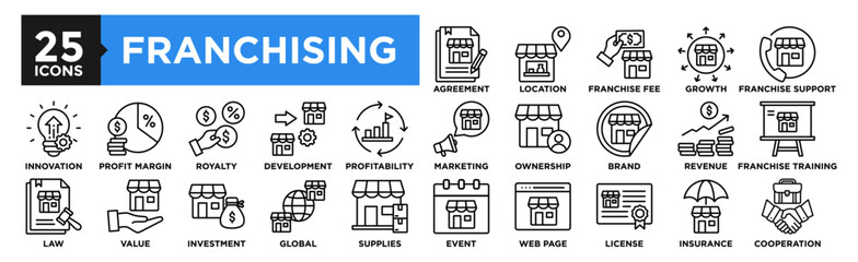 Franchising icon collection set. Containing design business, franchise, marketing, retail, management, store, investment