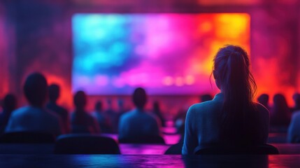 Naklejka premium Audience watching a colorful presentation on a large screen.