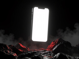 Glowing smartphone mockup in dark volcanic landscape, mystical mobile display template with lava scene