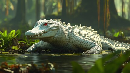 Obraz premium Albino alligator with red eyes lurking in a swamp.