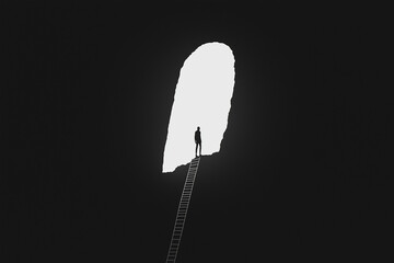 Silhouette of Person on Ladder at Edge of Bright Cave Opening
