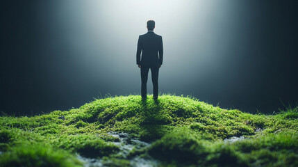 businessman's suit crafted from lush grass and moss symbolizes the fusion of nature and industry, sustainability, and eco-friendly business practices, blending modernity with green values