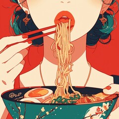 Girl holding ramen noodles with chopsticks. There is a bowl of soup in front of her. Oriental style illustration.
