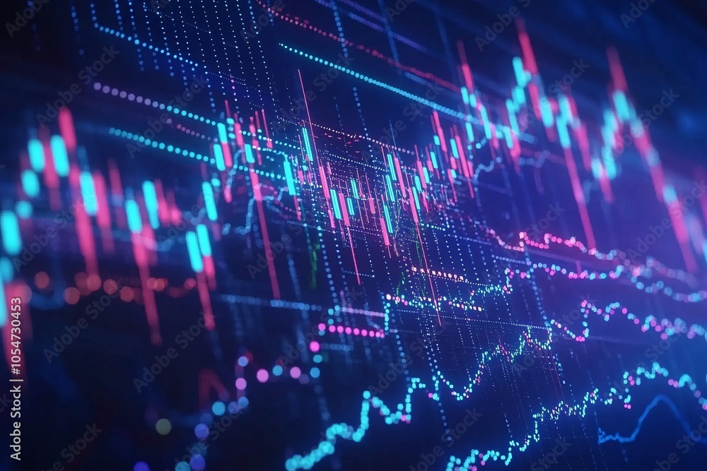 Poster abstract digital financial chart with glowing lines and data points, depicting trends and fluctuatio
