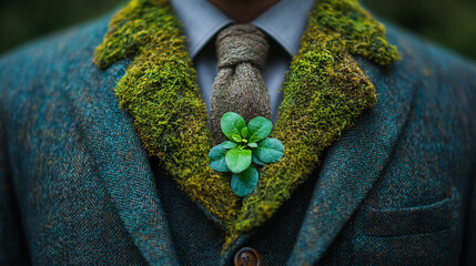 businessman's suit crafted from lush grass and moss symbolizes the fusion of nature and industry, sustainability, and eco-friendly business practices, blending modernity with green values