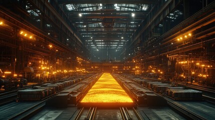 Industrial scene with molten material flowing in a factory setting.
