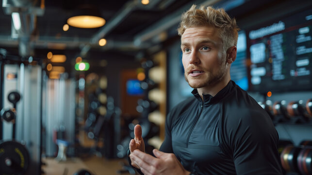 A photo of an athlete with short blonde hair and stubble wearing athletic gear, standing in front of fitness equipment at the club's office area while speaking to camera