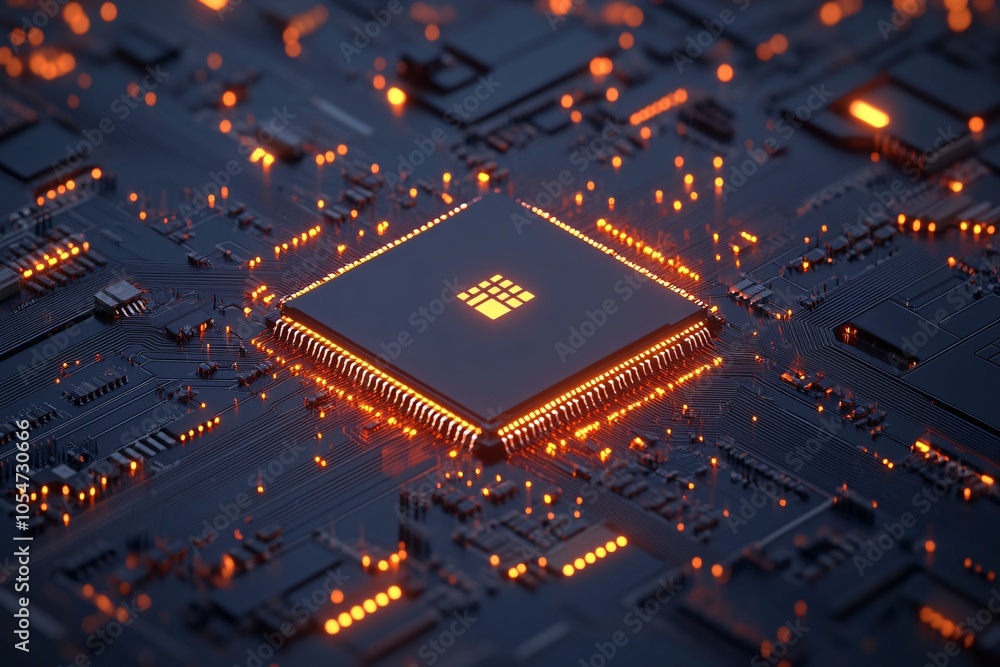 Poster close-up view of a futuristic, illuminated microprocessor on a dark circuit board, showcasing intric