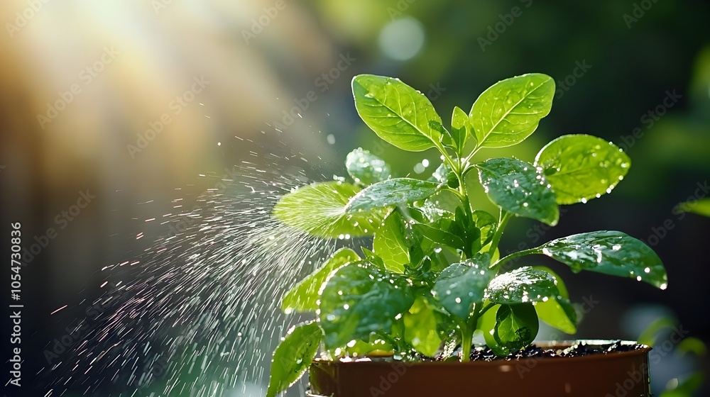 Aufkleber golden morning light dances through a sprinkler s mist gently watering a vibrant vegetable garden fr