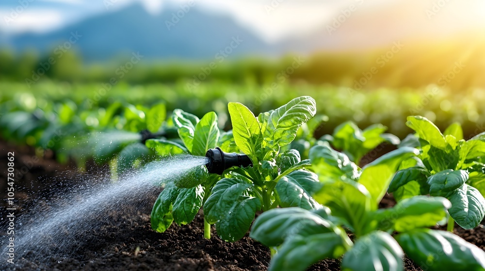 Poster morning sun illuminating the mist from a garden sprinkler casting a golden glow over the rows of veg