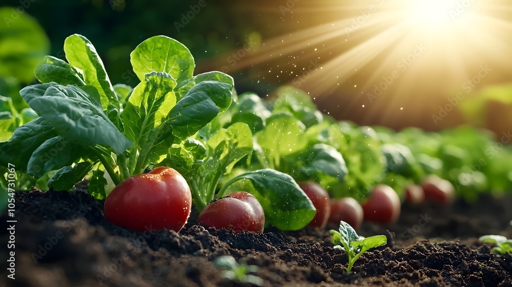 Poster Sprinkler mist lit by the warm glow of early morning sunlight casting a golden fairy like light over the rows of growing vegetables creating a peaceful and enchanting garden atmosphere