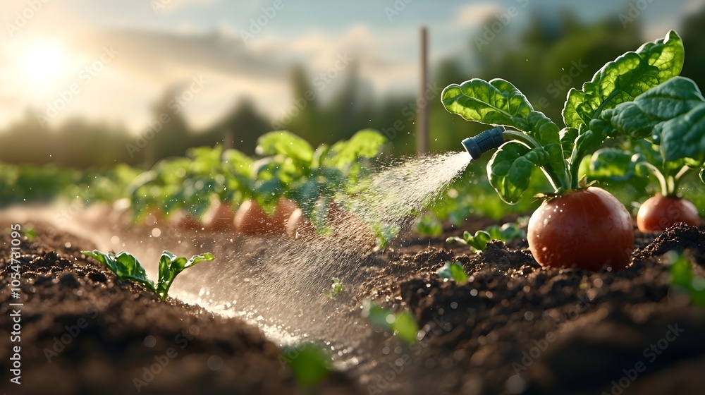 Poster Serene morning scene with garden sprinkler casting a misty glow the golden sun rays illuminating the vegetable rows and creating a fairy like peaceful atmosphere in the lush natural setting