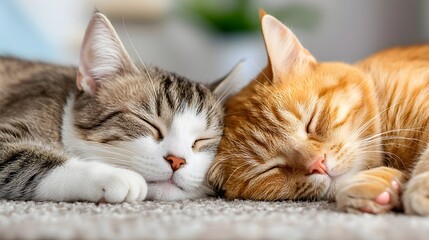 Pair of Adorable Cats Sleeping Soundly Side by Side on a Soft Inviting Pastel Toned Rug Capturing the Warmth and Coziness of an Afternoon Nap in a Comfortable Home Setting