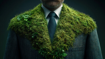 businessman's suit crafted from lush grass and moss symbolizes the fusion of nature and industry, sustainability, and eco-friendly business practices, blending modernity with green values