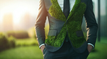 businessman's suit crafted from lush grass and moss symbolizes the fusion of nature and industry, sustainability, and eco-friendly business practices, blending modernity with green values