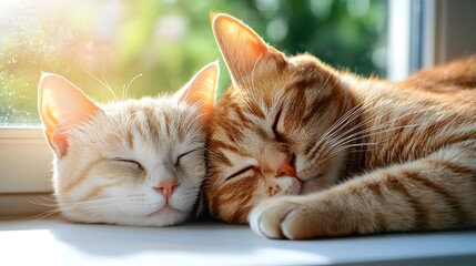 Two adorable cats resting side by side on a sun drenched windowsill their soft fur glowing in the warm natural light as they peacefully sleep in perfect harmony
